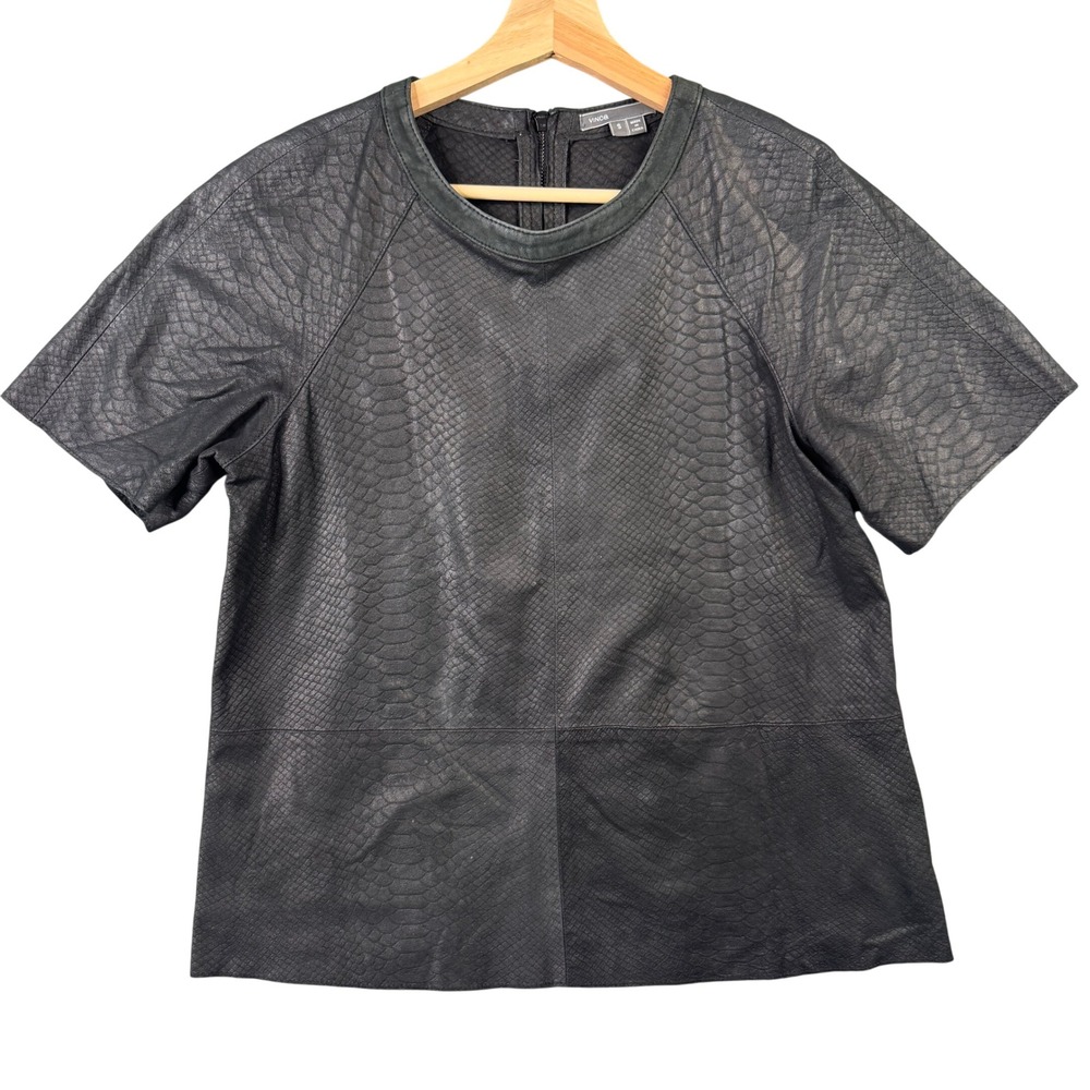 Vince Soldvince Snake Embossed Leather Short Sleeve Top Black Womens Small Shirt
